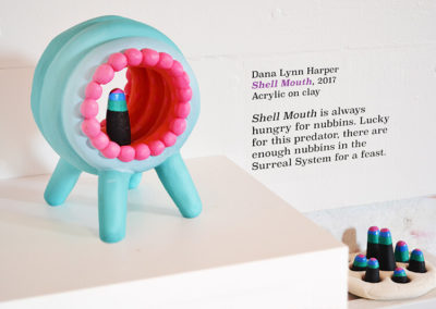 Shell Mouth is another of Dana's imaginary, clay creatures. Shell Mouth comes from a series called the Dancing Microbes. On the VanGo, we are imagining that Shell Mouth has been drawn to the Surreal System because of food. It preys upon the rapidly multiplying Nubbins. Pictured: (Left) Dana Lynn Harper, Shell Mouth, 2017, Acrylic on clay. (Right) Dana Lynn Harper, Nubbin Parade, 2014, Acrylic on clay.