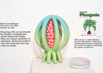 This display is dedicated to an interesting episode in music history, when electronic music intersected with botany. A musician named Mort Garson composed an album called Plantasia, which was meant especially to be played for plants. In the Surreal System, scientists are testing Plantasia on the Dancing Orb to see if it reacts. Plantasia is the perfect soundtrack for the Surreal System, since it reminds us that music can affect any and all organisms in a system (not just humans). Pictured: Dana Lynn Harper, Dancing Orb, 2017, Acrylic on clay. Music courtesy of Sacred Bones Records.