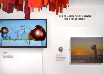 These two artworks, on the left an animation by Alex McLeod and on the right a painting by Jackson O'Brasky, show how unlike parts of a system can coexist. Inspect the paintings for organic and inorganic parts. Pictured: (Left) Alex McLeod, Small Forest, 2019, 3D animation. (Right) Jackson O'Brasky, Dusk, and the Loons Were Calling, 2019, Oil on canvas.